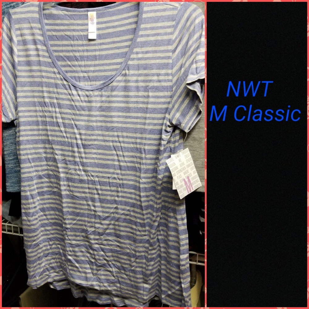 Lularoe Classic Tee NWT M slate blue grey striped